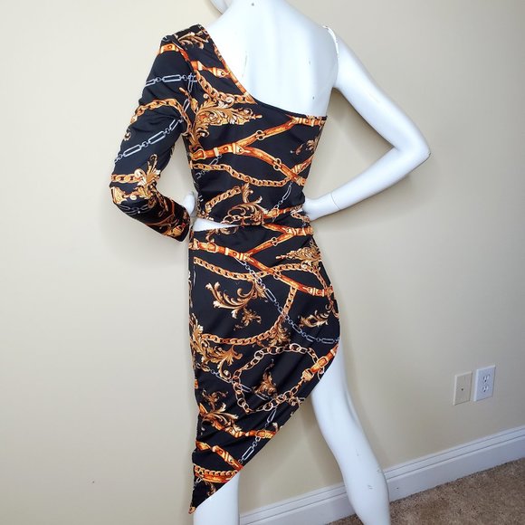 Touch Me Black/Bronze Chain Print One Shoulder Blouse with Asymmetric Skirt SZ L - Picture 6 of 9